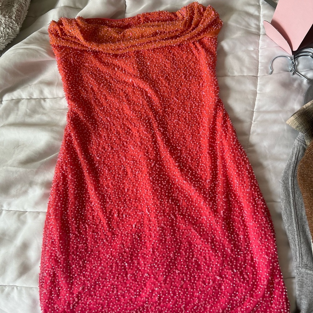 Oh Polly Embellished Strapless Mini Dress in Red and Orange Ombré